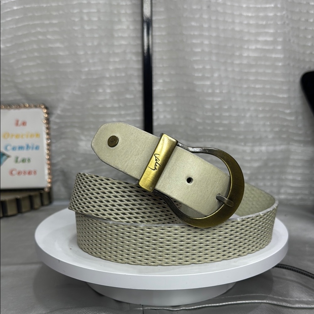 (H) Velez women's belt, size M, cream, perforated, leather, with antique gold